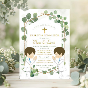 Convites Gêmeos de Eucalipto Menino Verde Dourado Sagrada C