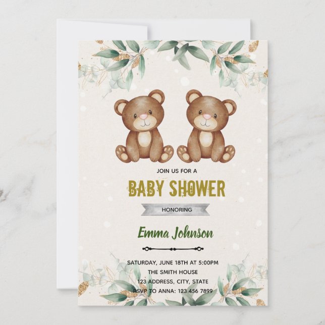 Convites Gêmeos de verde tema de chuveiro de urso (Frente)