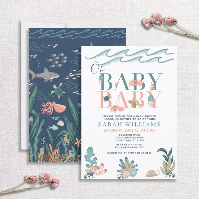 Convites Gêmeos debaixo do Mar Aquarela Oh Chá de fraldas B (Criador carregado)