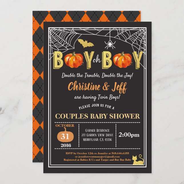 Convites Gêmeos do Dia das Bruxas casais de bebê chá abóbor (Frente/Verso)