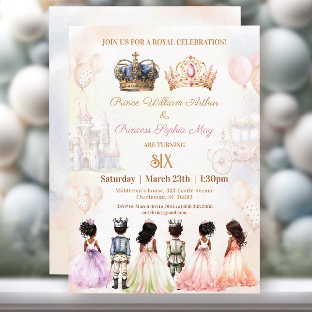 Convites Gêmeos Escuro Príncipe Princesa Princesa Coroa Rea (Twins Dark Skin Prince Princess Crown Royal Invitation)