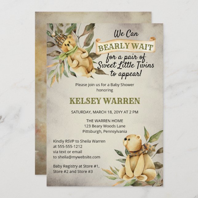 Convites Gêmeos esperam Chá de fraldas de Urso de Madeira (Frente/Verso)