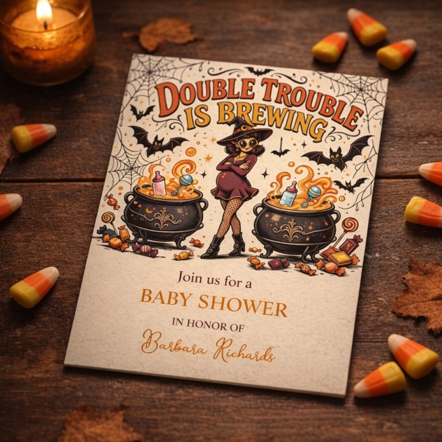 Convites Gêmeos estão a Caminho no Halloween (Double Trouble is Brewing Halloween Twins Invitation)