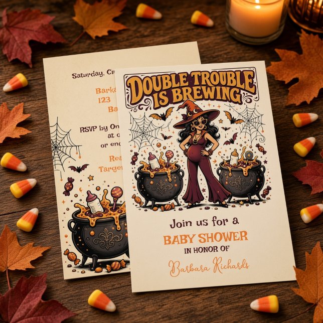 Convites Gêmeos estão a Caminho no Halloween (Double Trouble is Brewing Halloween Twins Baby Shower Invitation)