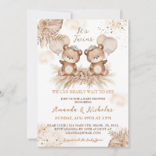Convites Gêmeos Festa de Bebê Urso Boho Fofo