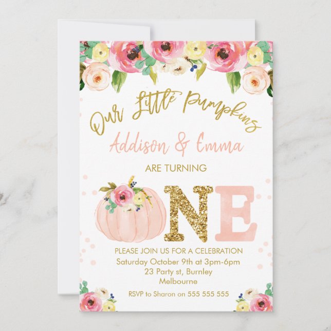 Convites  Gêmeos Florais Nosso Pequeno Aniversário De Abóbo (Frente)