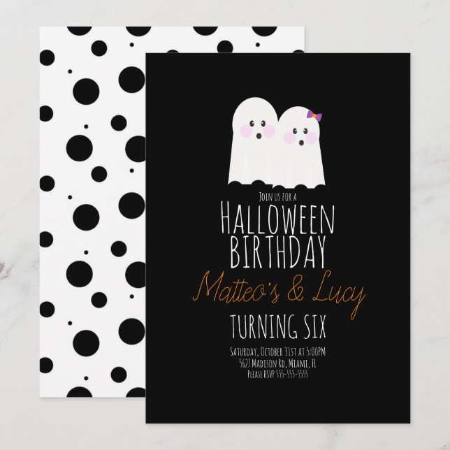 Convites Gêmeos Fofos de Fantasma de Halloween Aniversário  (Frente/Verso)