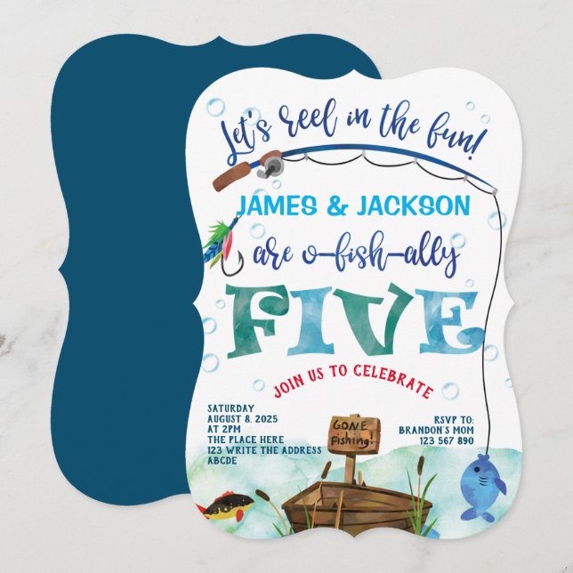 Convites Gêmeos garotos pequenos pescadores pescando 5 (Frente/Verso)