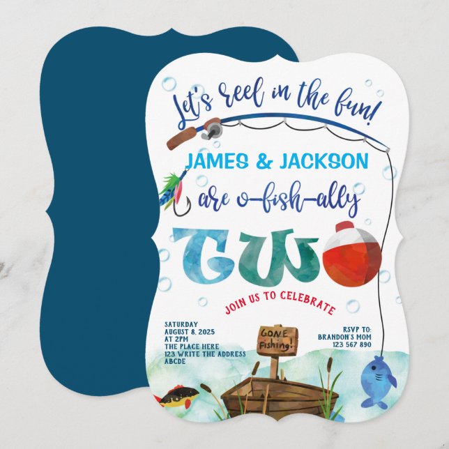 Convites Gêmeos garotos pequenos pescadores pescando segund (Frente/Verso)