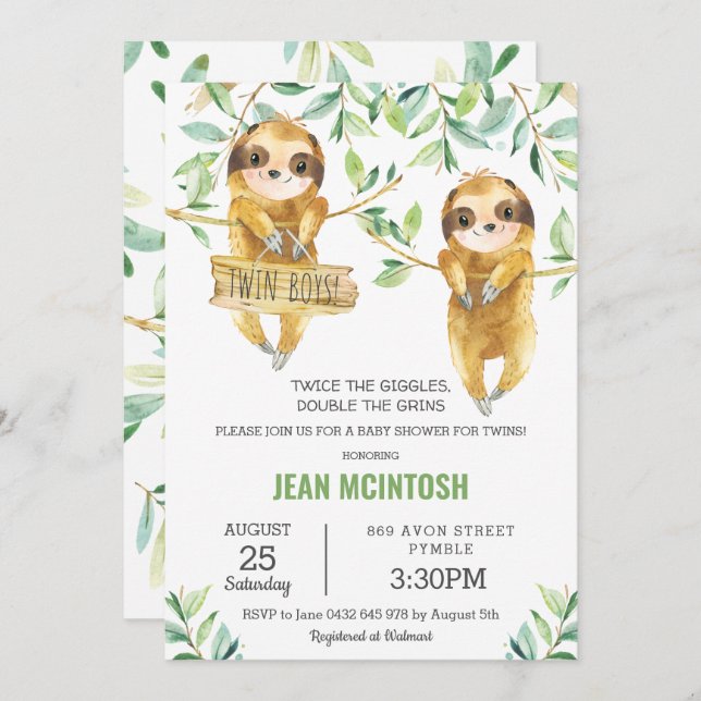 Convites Gêmeos gêmeos Chás de fraldas de Lama Verde (Frente/Verso)