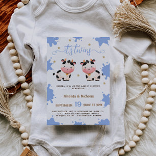 Convites Gêmeos Meninos Azul Vaca Baby Shower Boho