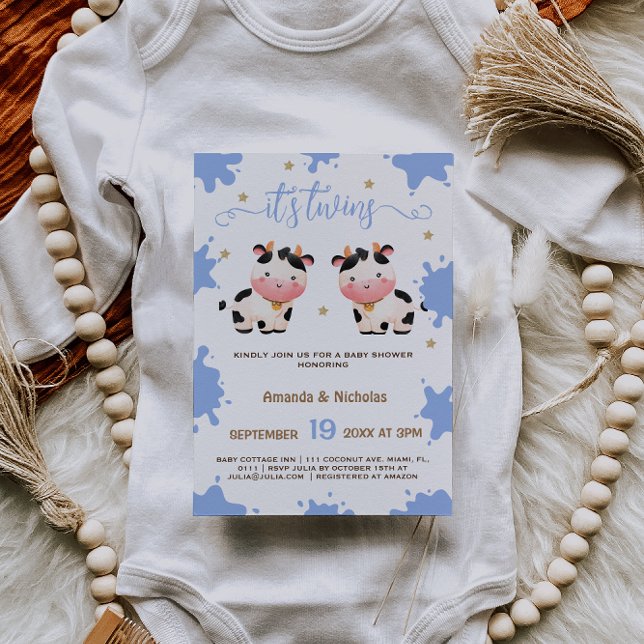 Convites Gêmeos Meninos Azul Vaca Baby Shower Boho (Criador carregado)