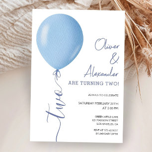 Convites Gêmeos Minimalistas de Balão Azul Meninos 2º Anive