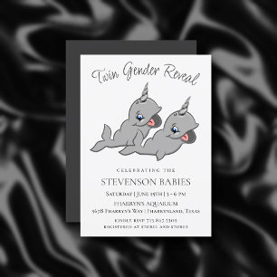 Convites Gêmeos Narwhal   Cinza Chibi Cartoon Gender Reveme