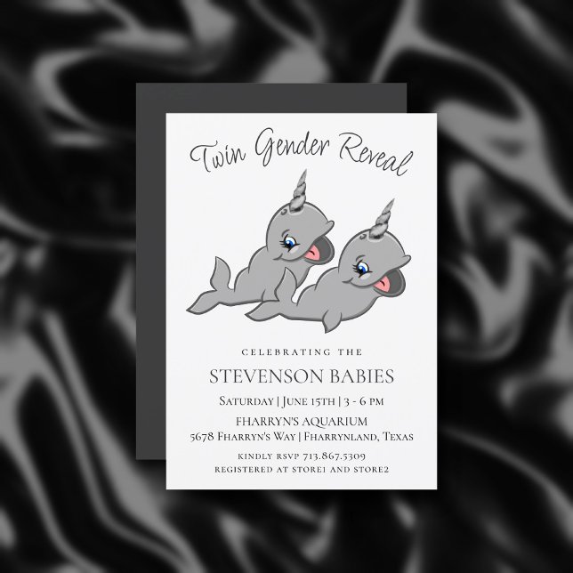 Convites Gêmeos Narwhal | Cinza Chibi Cartoon Gender Reveme (Criador carregado)