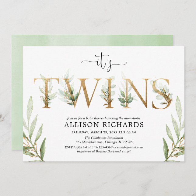 Convites Gêmeos neutros do gênero chá de fraldas verde (Frente/Verso)