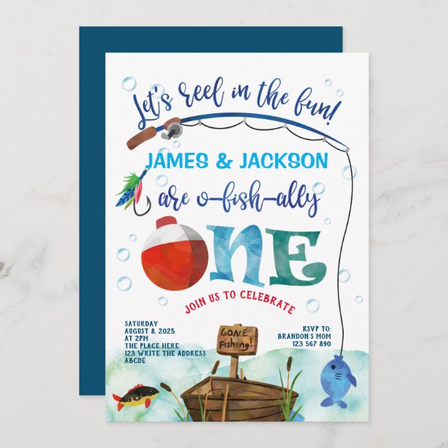 Convites Gêmeos O-peixe-aliado Pequeno primeiro aniversario (Frente/Verso)