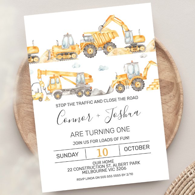 Convites Gêmeos Param O Tráfego Em Construção Aniversário (Modern Twin Boys Construction 1st Birthday Invitation Roadwork Stop The Traffic Excavators Truck)