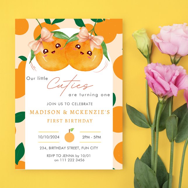 Convites Gêmeos Pequenas Cuecas Laranja 1 rua Primeiro Aniv (Twins Little Cuties Orange 1st Birthday Invitation)