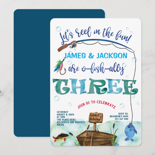 Convites Gêmeos pescando meninos temáticos 3º aniversário d (Frente/Verso)