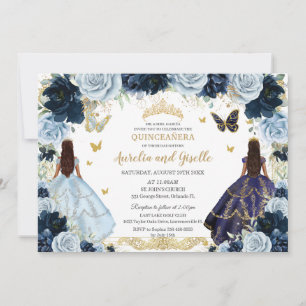 Convites Gêmeos Quinceañera Imprime Marinho Azul Floral