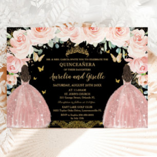 Convites Gêmeos Quinceañera Princesa Blush Dourado Floral