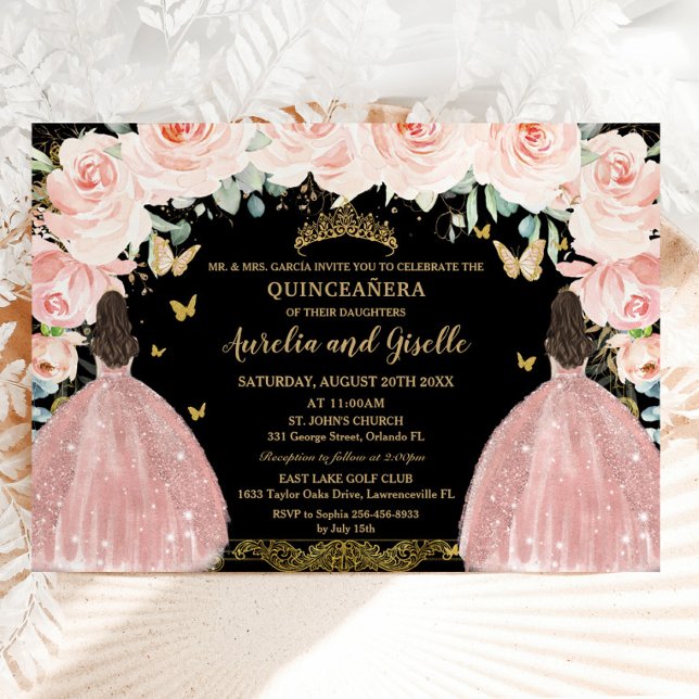 Convites Gêmeos Quinceañera Princesa Blush Dourado Floral (blush pink floral rose gold dress twins princesses quinceanera sweet 16 birthday invitation cards)