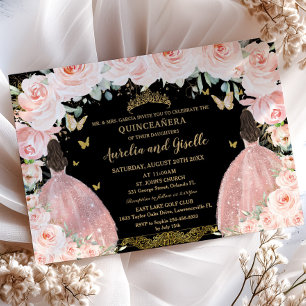 Convites Gêmeos Quinceañera Princesa Blush Dourado Floral