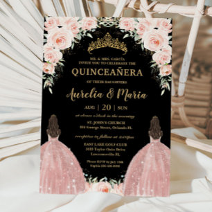 Convites Gêmeos Quinceañera Soft Blush Rosas Florais Flores