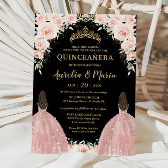 Convites Gêmeos Quinceañera Soft Blush Rosas Florais Flores (blush pink floral twins joint quinceanera 15 xv birthday brunette girls in rose gold dresses invites)