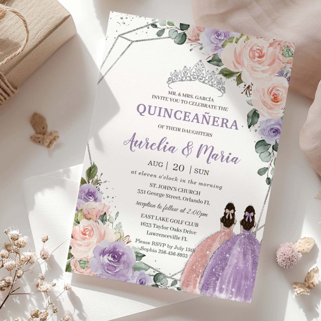 Convites Gêmeos Rosa Florais Roxos Silver Quinceañera (Criador carregado)