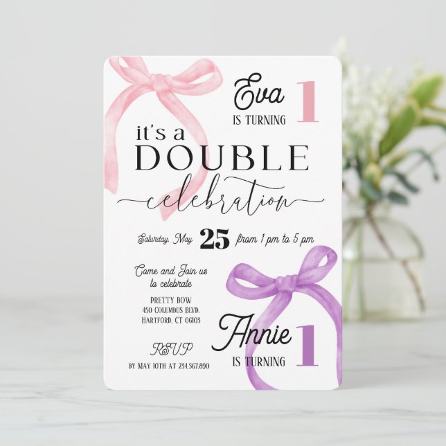 Convites Gêmeos se Unem ao Aniversário Rosa e Roxo Coquette (Em pé/Frente)