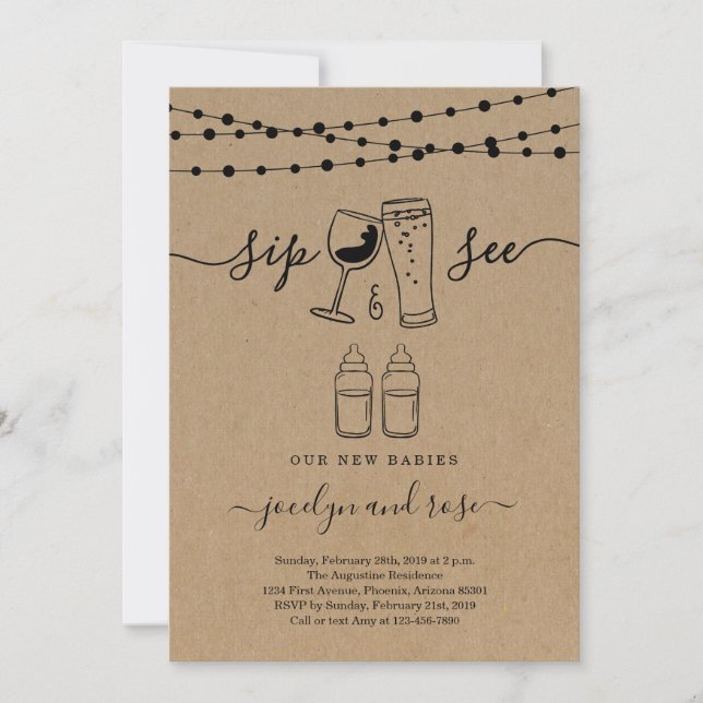 Convites Gêmeos Sip & Veja Vinho e Brinde de Bebê (Frente)