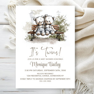 Convites Gêmeos Ursinhos de Pelúcia Fofos - Chá de Bebê