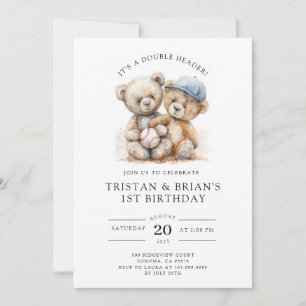 Convites Gêmeos Urso de Pelúcia Aquarela Aniversário de 1 a