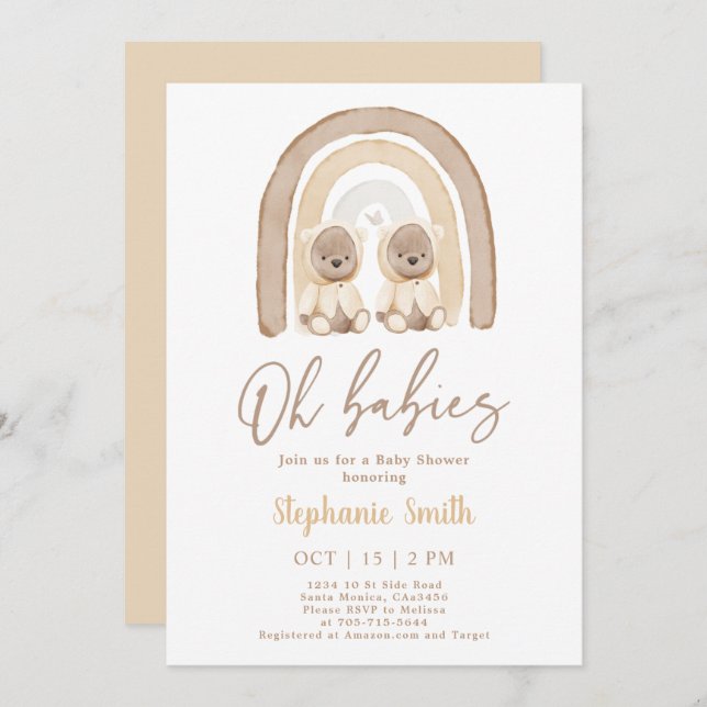 Convites Gêmeos Ursos Teddy Chá de fraldas Arco-Íris Convit (Frente/Verso)