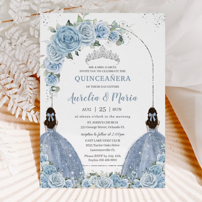 Convites Gêmeos Vestido Floral Azul Silver Quinceañera (Criador carregado)