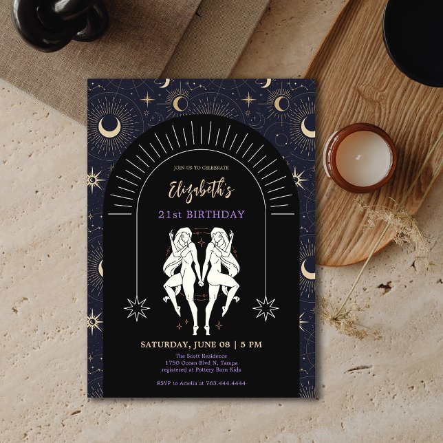 Convites Gemini preto aniversário de 21 anos (Black Mystic Gemini Zodiac 21st Birthday Invitation)