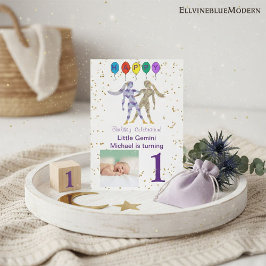 Convites Gemini Primeiro Aniversário Dourado, Balões e Foto