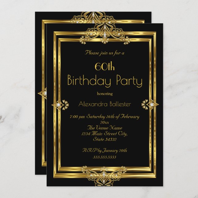 Convites Gems Douradas e Impressoras de Foto da 60ª Festa d (Frente/Verso)