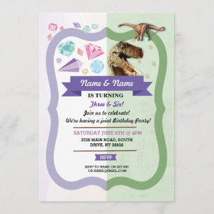Convites Gemstones & Dinossauro Garota Jovem Comum Gemas de
