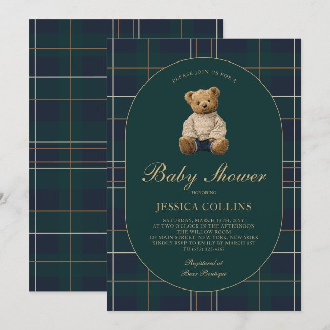 Convites Gender Neutral Blue Green Teddy Bear Baby Shower (Frente/Verso)