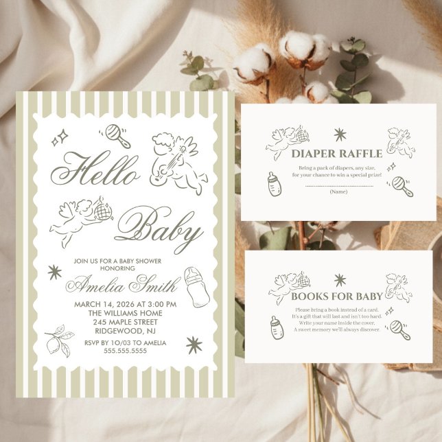 Convites Gender Neutral doodle cupid Baby Shower Green (Criador carregado)