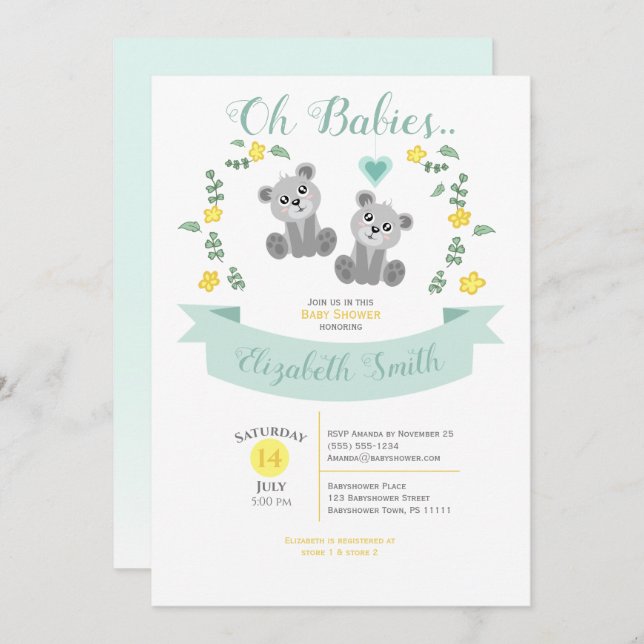 Convites Gender neutral Twin Cute bear babyshower (Frente/Verso)