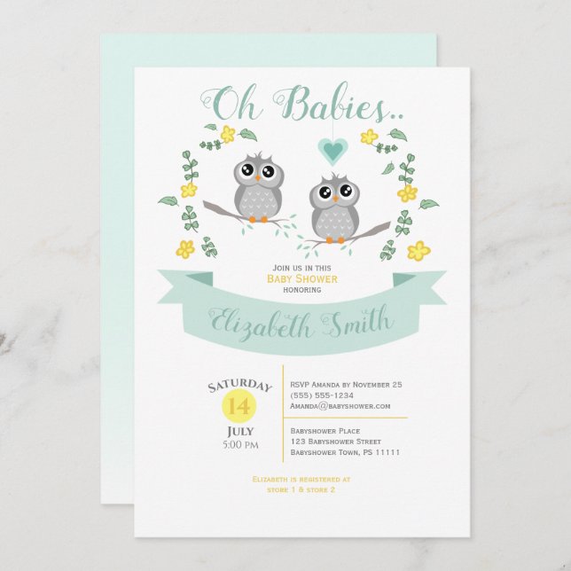 Convites Gender neutral Twin Cute owls babyshower (Frente/Verso)
