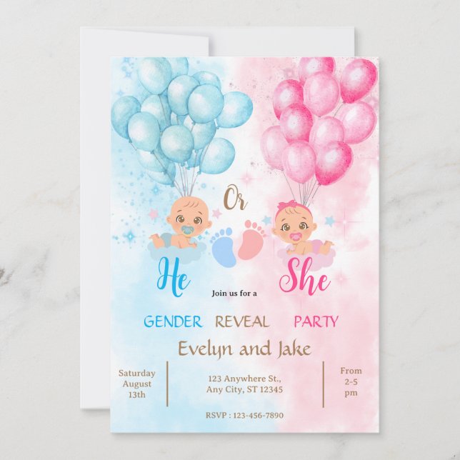 Convites Gender reveal baby shower blue pink boy girl (Frente)