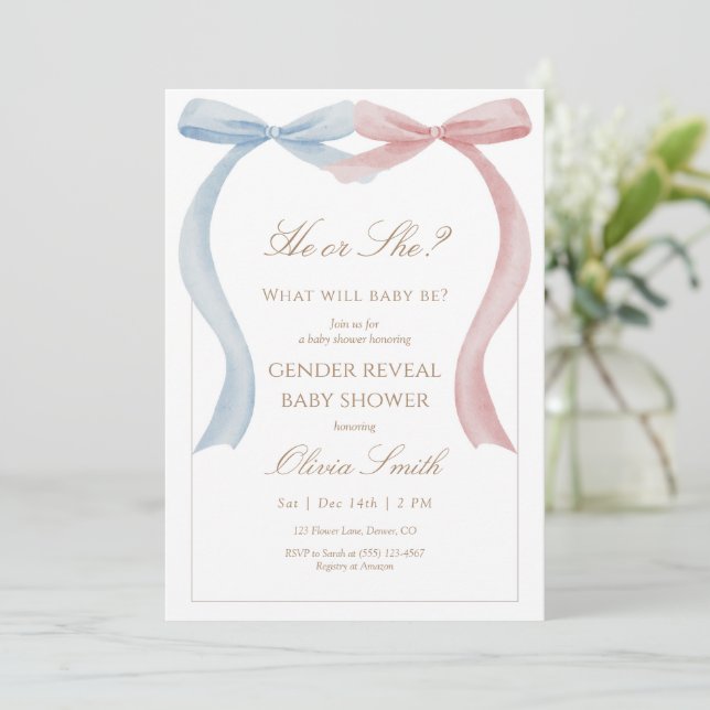 Convites Gender Reveal Baby Shower Invitation Pink and Blue (Em pé/Frente)