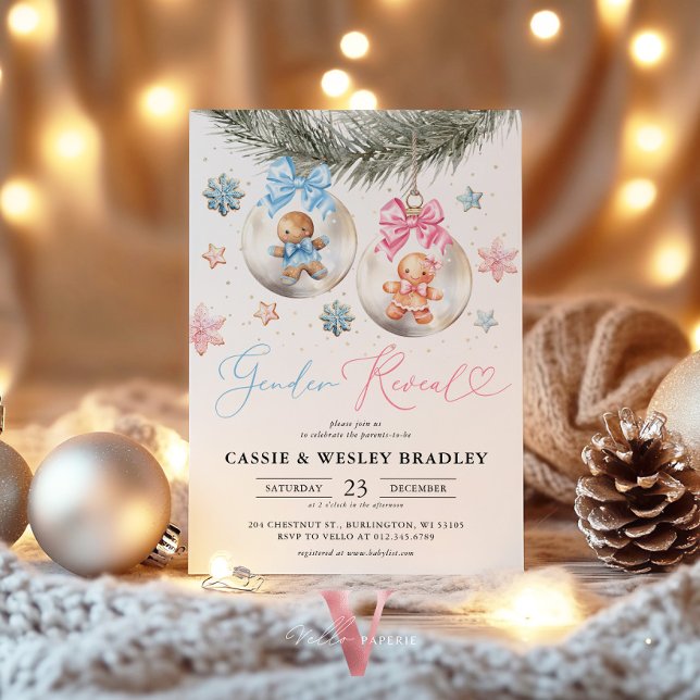 Convites Gender Reveal Gingerbread Baubles Baby Shower (Criador carregado)