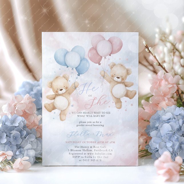 Convites Gender Reveal He or She Bear Balloon Invitation (He or She? We can bearly wait to see what will baby be?
Gender reveal in pink and blue )