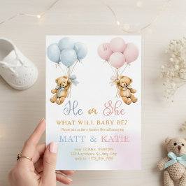 Convites Gender Reveal "He or She Bear Balloons Blue Pink